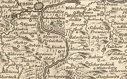 Výřez staré mapy s kopečkovou metodou a značeným Vaňovem