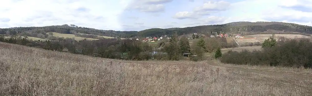Celkový pohled na vesnici s Hornopožárským lesem