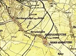 Osada Čtrnáct Dvorců (Vierzehnhöfen) mezi Horním a Dolním Jiřetínem na mapě z 19. století