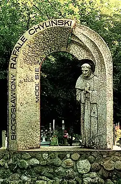 Jeho socha v osadě Łagiewniki v Lodži