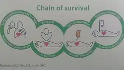 Řetěz přežití začíná včasným voláním, pokračuje okamžitou resuscitací a následnou defibrilací