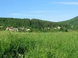 Pohled na Šimanov od severovýchodu, vpravo se zvedá svah Sedla