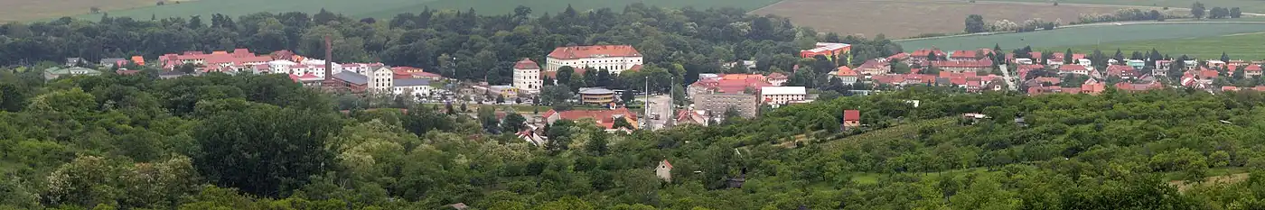 Panorama Židlochovic z rozhledny Akátová věž. Uprostřed zámek s parkem, vlevo komín a budovy bývalého cukrovaru.