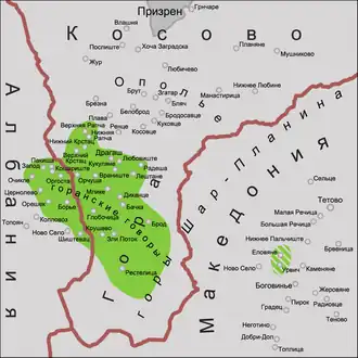 mapa rozšíření Goranů, kteří jazykem hovoří