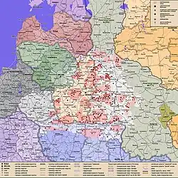 Partyzánské zóny na území Běloruské SSR v létě 1943 s vyznačenými komunikačními trasami.