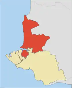 Mapa Sevastopolu a jeho rajónů (Nachimovský rajón zvýrazněn červeně).