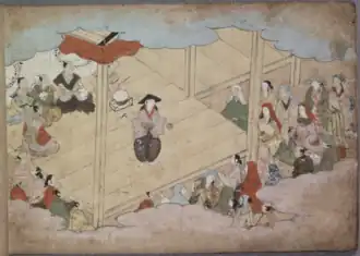 12. strana Kjótské knihy s ilustrací Okuni neznámého autora z počátku 17. století