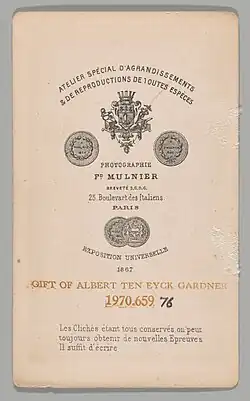 Reverzní strana Mulnierovy carte-de-visite