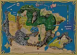 Mapa Tary, jižního kontinentu Asterionu. Na mapě lze vidět velké množstí lesních ploch jako jsou Jižní hvozd, Červený les, Zlatý les, či džungle padlých stromů. Západní části kontinentu dominují od severu k jihu se táhnoucí větrné hory a poušt Rychlé duny. Jih kontinentu je označen jako Země nářků, východ kontinentu sestává z obroského poloostrova jménem Ztracená země. V srdci celého komtinentu lze jako středobod nalézt vnitrozemské moře jménem Tiché vody široké na 500 kilometrů.