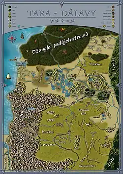 Mapa Dálav. Na mapě lze vidět značné množství měst (Albireo, Athor, Sintar a další) i vesnici (Pomezí, Skalisko, Potůčky a mnohé další)). Z mapy je patrné, ze severní zalesněná oblast je postupně kácena a ničena. Jižní oblast dálav je pak pokrytá trhlinami a vytváří tzv. Trhlinovou pláň. Jihozápadu Dálav dominují Zelanské vrchy s trpasličimi městy jako je Kraz a Kwesar.