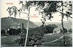 Budova vlevo horní stanice lanovky, vpravo kavárna Helenenhof, pohlednice z roku 1910