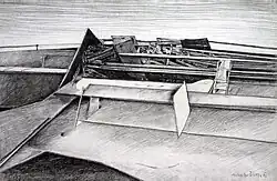 Kapotovaná krajina, 1993, uhel, 65 x 100 cm