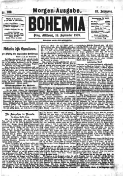 Titulní strana deníku Bohemia z 29. září 1909 s článkem Franze Kafky