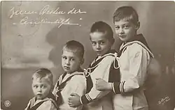 Pohlednice zobrazující 4 syny korunního prince Wilhelma von Preußen a Cecilie Mecklenburské: Wilhelm von Preußen, Louis Ferdinand von Preußen, Hubertus von Preußen a Friedrich von Preußen, 1914