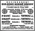 Reklamní sdělení o vítězství Tatra vozů na Ecce Homo 1921