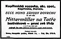 Reklamní oznámení o vítězství Tatry na Ecce Homo 1922
