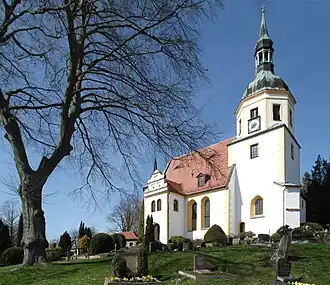 Vpravo je kostel, vlevo strom bez listí, v pozadí modrá obloha, v popředí hřbitov s náhrobky. Kostel má bílou, žlutě lemovanou fasádu.