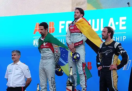 Stupně vítězů ePrix Berlína 2018 Lucas di Grassi, Daniel Abt, Jean-Éric Vergne
