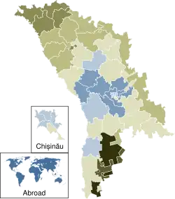 Výsledky v okresech a sektorech Kišiněva Ano: 50–60% 60–70% 70–80% Ne: 50–60% 60–70% 70–80% 80–90% 90–100%