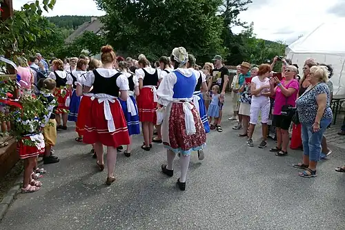 Průvod svatebčanů – obyvatel vesnice – jde na statek