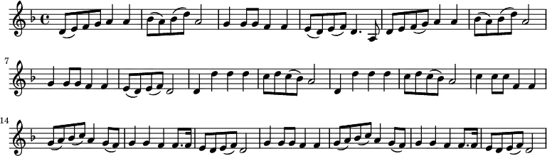 \transpose c f {\relative c' {\key a \minor a8( b) c d e4 e f8( e) f( a) e2 d4 d8 d c4 c b8( a) b( c) a4. e8 a8 b c( d) e4 e f8( e) f( a) e2 d4 d8 d c4 c b8( a) b( c) a2 a4 a' a a g8 a g( f) e2 a,4 a' a a g8 a g( f) e2 g4 g8 g c,4 c d8( e) f( g) e4 d8( c) d4 d c c8. c16 b8 a b( c) a2 d4 d8 d c4 c d8( e) f( g) e4 d8( c) d4 d c c8. c16 b8 a b( c) a2}}