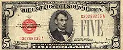 Aversní strana 5dolarové bankovky z roku 1928