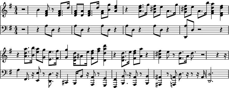 << <<
\new Staff { \clef treble \time 4/4 \partial 4 \key g \major \set Staff.midiInstrument = "piano" \set Score.tempoHideNote = ##t \override Score.BarNumber #'transparent = ##t
\relative c''
<< { \clef "treble" \numericTimeSignature\time 4/4 \key d \major | % 1
\tempo "" 4=118 r2 \stemDown b4 \stemUp <a fis d>8 r | % 2
\stemUp <d, a' fis>8. \stemUp d'16 \stemUp <d, a' fis>8 \stemUp <d
a'>8 \stemUp <d a' fis>8. \stemUp d'16 \stemDown <a fis>8
\stemDown <b g'>8 | % 3
\stemUp <d fis a,>4 r \stemDown <d fis a,>8. \stemDown g16
\stemDown <g, cis fis>8 \stemDown e' | % 4
\stemDown a,8. \stemDown g'16 \stemDown <fis g, cis>8 \stemDown e
\stemDown a,8. \stemDown b'16 \stemDown <fis, a a' d,>4 | % 5
\stemDown <d fis d' fis>4 r \stemDown <a' d a'>8. \stemDown <b' b,>16
\stemDown <e, a>8 \stemDown <g, g'> | % 6
\stemDown <e' e,>8. \stemDown <fis fis,>16 \stemUp <g g,>4 \stemDown
<d, g d'>16 \stemDown ais'8 \stemDown e'16 \stemDown <d fis, fis'>8
\stemDown <fis a>8 | % 7
\stemDown <d, d' d' a>4 r \stemDown <d' d, g>8. \stemDown e16
\stemDown <fis, fis' d>8 \stemDown <a a'> | % 8
r4 \stemDown <g cis fis> \stemDown e'8 r \stemDown <d fis,>8.
\stemDown a16 | % 9
\stemDown d8. r2 r4 r16 }
>>
}
\new Staff { \clef bass \key g \major \set Staff.midiInstrument = "piano"
\relative c'
<< { \clef "bass" \numericTimeSignature\time 4/4 \key d \major | % 1
r2 r4 \stemDown a8 \stemDown d, | % 2
r4 \stemDown a'8 \stemDown d, r4 \stemDown a'8 \stemDown d, | % 3
r4 \stemDown a'8 \stemDown d, r4 \stemDown a'8 \stemDown d, | % 4
r4 \stemUp <d, a''>8 \stemUp d' r2 | % 5
r4 \stemDown a' \stemUp fis,8. r16 \stemUp <e' e,>8 r | % 6
\stemDown <d, d'>8. r16 \stemUp cis4 \stemUp b16 \stemUp b'8 r16
\stemUp <a, a'>8 r | % 7
\stemUp <g g'>4 \stemUp <fis' fis,> \stemUp <b, b'>8. r16 \stemUp
<a' a,>8 r | % 8
\stemUp <b, b'>4 \stemUp <ais' ais,> r8 \stemUp <a, a'> \stemDown
d'8. r16 | % 9
r8 r16 \stemUp a \stemUp <d d,>2. \bar"|" }
>>
}
>> >>
\layout { indent = #0 }
\midi { \tempo 4 = 100 }