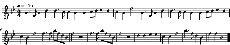 <<
\new Voice="melody" \relative bes' {
\clef "treble" \numericTimeSignature\time 4/4 \key bes \major | % 1
\tempo 4=136 \stemDown bes4. \stemUp f8 \stemDown bes4 \stemDown d4
| % 2
\stemDown d4. \stemDown c8 \stemDown c4 \stemDown bes4 | % 3
\stemDown bes4 \stemDown c8 \stemDown d8 \stemDown es4 \stemDown d4
| % 4
\stemDown c4 \stemDown bes4 \stemDown f'2 | % 5
\stemDown bes,4. \stemUp f8 \stemDown bes4 \stemDown d4 | % 6
\stemDown d4. \stemDown c8 \stemDown c4 \stemDown bes4 | % 7
\stemDown bes4 \stemDown c8 \stemDown d8 \stemDown es4 \stemDown d4
| % 8
\stemDown c4 \stemDown bes4 \stemDown f'2 | % 9
\stemDown f4. \stemDown f8 \stemDown bes8 \stemDown f8 \stemDown d8
\stemDown bes8 | \barNumberCheck #10
\stemDown f'2 r2 | % 11
\stemDown f4. \stemDown f8 \stemDown bes8 \stemDown f8 \stemDown d8
\stemDown bes8 | % 12
\stemDown f'2 r2 | % 13
\stemDown d4 \stemDown d4 \stemDown es4 \stemDown es4 | % 14
\stemDown c4 \stemDown c4 \stemDown f2 % 15
\stemDown bes4. \stemDown f8 \stemDown d4 \stemDown bes4 % 16
\stemDown f'4 \stemDown f4 \stemDown bes,2 \bar "|."
}
\new Lyrics \lyricsto "melody" {
}
>>