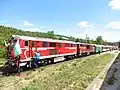 75 006 a 77 009 v čele spoje 16106 Jundola Septemvri–Dobrinište před odjezdem ze stanice Dobrinište 4. září 2016 při oslavách 100 let od záměru postavit Rodopskou úzkokolejku a 90 let od jejího úplného zprovoznění