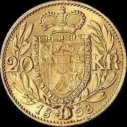 Zlatá 20korunová mince z roku 1898, rub