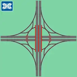 Přidání oddělených přímých ramp pro levé odbočení pro odlehčení kruhového objezdu.