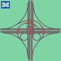 Smíšený typ složený z jedné poloviny z čtyřlístkového typu a z jedné poloviny z turbínového typu (např. dálniční křižovatka Řepy, dálniční křižovatka Mönchengladbach-Wanlo).