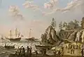 Pobřežní krajina s galérou, anglickou galérovou fregatou a veslicí v neklidných vodách (1647)