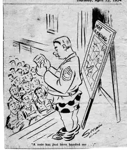 Karikatura desátníka Eda Seemana s titulkem "Poznámka mi byla podána." Seeman sloužil v Hlavním štábu 4. pěší divize, umístěné v Německu. asi 1953