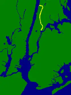 Poloha Harlem River (žlutě) v rámci ústí Hudsonu