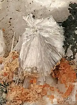 bílé jehličkovité krystaly adamsitu z typové lokality v Kanadě