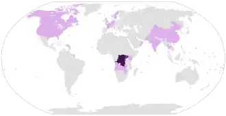 Nahlášené případy      Země s 10,000+ případy      Země s 1,000–9,999 případy      Země s 100–999 případy      Země s 1–99 případy      Žádné potvrzené případy