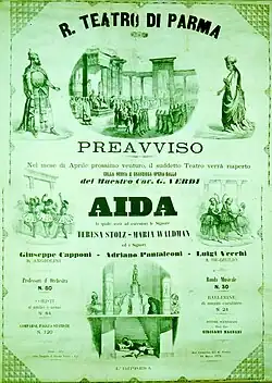 Plakát uvedení Verdiho Aidy v Parmě v roce 1872