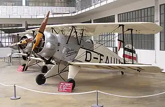Bücker 133 C (D-EAUU) v expozici leteckého muzea Flugwerft Schleißheim