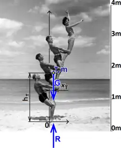 Čtyři akrobati, výsledné těžiště, výsledná tíhová síla a reakce v uložení.[1]