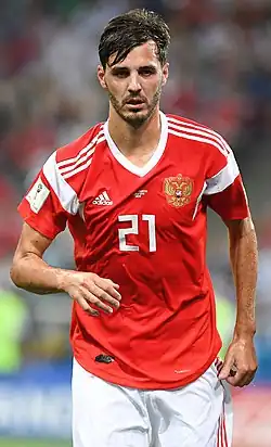 Jerochin v zápase za ruskou reprezentaci na Mistrovství světa ve fotbale 2018 ve čtvrtfinále proti Chorvatsku