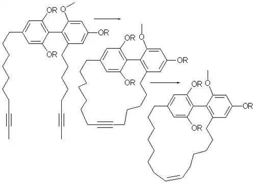 Příprava turrianu; prvním krokem je metateze alkynu, druhým redukce za použití Lindlarova katalyzátoru; PMB = para-methoxybenzyl (slouží jako chránicí skupina). Reakční směs se ozařuje mikrovlnami, což zkracuje reakční dobu z 6 hodin na 5 minut.