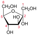 Fruktóza jako furanóza v cyklickém zobrazení. Poloketalový uhlík označen číslem 2.