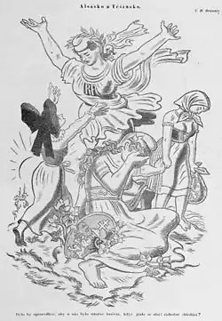 Obrázek srovnávající osud Alsaska vráceného Francii s osudem Těšínska, částečně ztraceného Československem, humoristický list „Šibeničky“