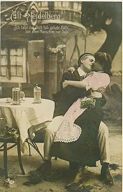 Studentská pohlednice z roku 1907 s citátem z divadelní hry „Alt-Heidelberg“: Miloval jsem jen tebe, Käthie, ze všech lidí jen Tebe. 1907