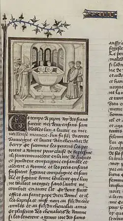 Část rukopisu chanson de geste Amis a Amil s vyobrazením dvou Amilových synů v lázni