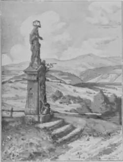 Malba sochy svatého Jana Nepomuckého z roku 1762 při staré cestě do Tříče ve Vysokém nad Jizerou s výhledem přes Tříčská vrcha na krkonošskou horu Kokrháč (autor Anastáz Papáček)