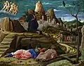 Andrea Mantegna: Utrpení v zahradě, kolem roku 1460, zobrazuje Ježíše v zahradě Getsemanské