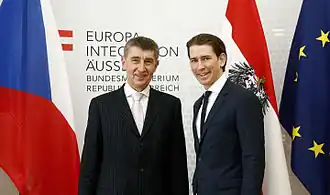 Sebastian Kurz jako ministr zahraničí na schůzce s českým ministrem financí Andrejem Babišem v únoru 2015