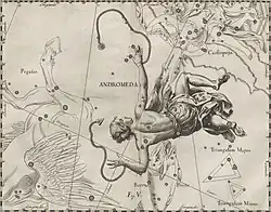 Zobrazení Andromedy v díle Jana Hevelia z roku 1690 v jeho díle Uranographia